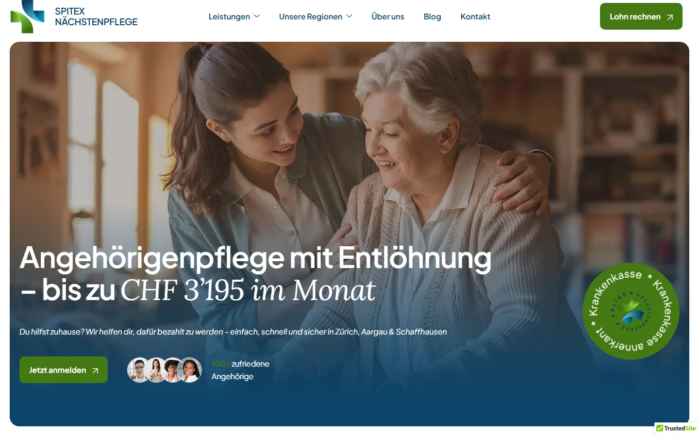 Website von Spitex Nächstenpflege, Startseite auf dem Desktop