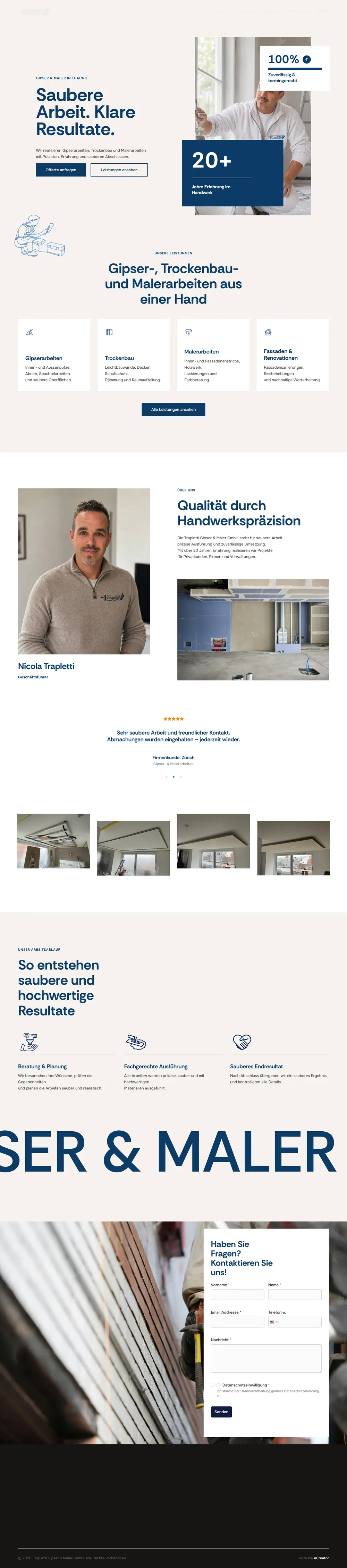 Startseite von nt-gipsermaler.ch am Desktop: Leistungen, Über uns, Referenzen, Arbeitsablauf und Kontaktformular