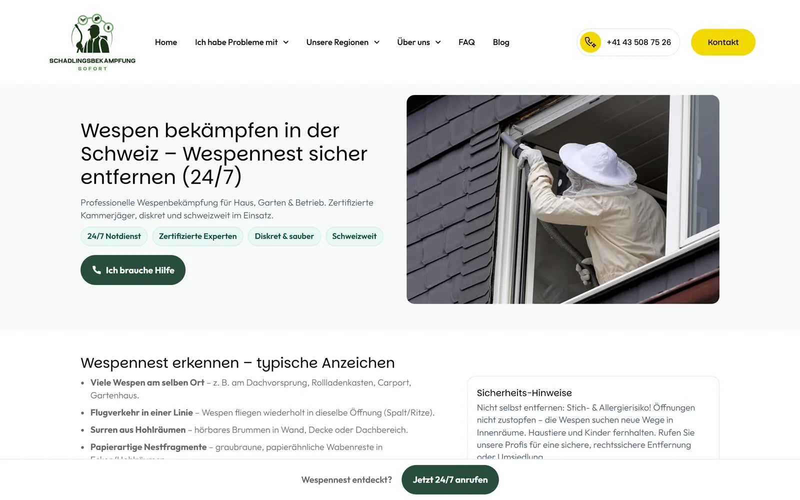 Landingpage Wespenbekämpfung von schaedlingsbekaempfung-sofort.ch auf dem Desktop