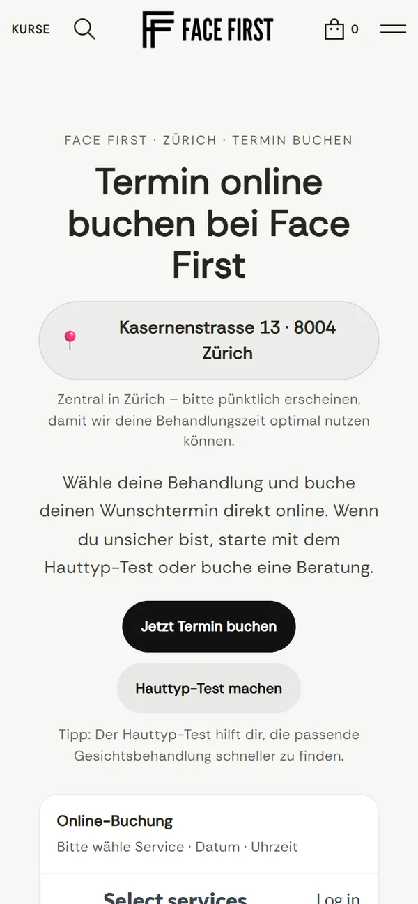 Seite «Termin online buchen» von face-first.ch auf dem Handy