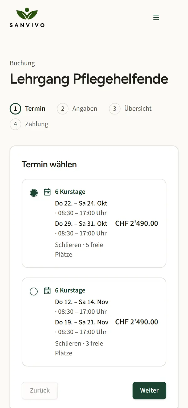 Buchung eines Kurses auf sanvivo.ch auf dem Handy, Schritt «Termin wählen»
